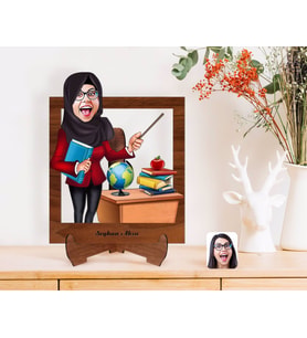 BK Gift Kişiye Özel Tesettürlü Bayan Öğretmen Karikatürlü Ahşap Standlı 3D Biblo-1 (Beyaz)
