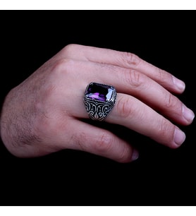 925 Ayar Gümüş Mor Renk Zirkon Taşlı Model Yüzük (Gri)