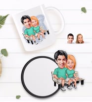BK Gift Kişiye Özel Sevgililer Karikatürlü Beyaz Kupa ve Ahşap Bardak Altlığı Hediye Seti-55