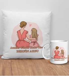 BK Gift Kişiye Özel Anne Tasarımlı Beyaz Kırlent Yastık ve Kupa Seti-11, Anneye Hediye, Anneler Günü Hediyeleri