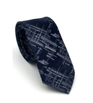 Gri Kırcıl Desenli Lacivert Dokuma Kumaş Mendilli Slim Fit Kravat // SDK-2611-2