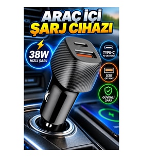 38W PD Destekli Type-C ve USB Portlu Araç İçi Şarj Cihazı