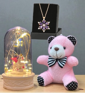 Gerçek Ametist Taşlı Lotus Kolye, Peluş Anahtarlık ve Led Işıklı Fanus Hediye Seti (Model 2)