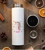 Kişiye Özel Unicorn Filtreli Dijital Göstergeli Termos Doğum Günü Hediyesi (Beyaz)