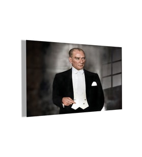 Temperli Gerçek Cam Yatay Ofis Duvar Tablosu Kemal Atatürk
