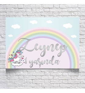 Unicorn ve Gökkuşağı Temalı Doğum Günü Afişi 35X50 cm