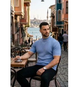 Erkek Fitilli Triko Dokuma Kısa Kol Tişört Yarım Boğaz Modern Yazlık T-Shirt - Bebe Mavisi