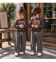 Little But Wild Baskılı Sweatshirt Erkek&Kız Çocuk Antrasit Çizgili Eşofman Alt Üst 3İp Takım