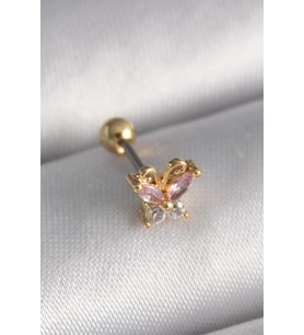 316L Çelik Gold Renk Pembe Zirkon Taşlı Kelebek Tragus Piercing