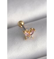 316L Çelik Gold Renk Pembe Zirkon Taşlı Kelebek Tragus Piercing