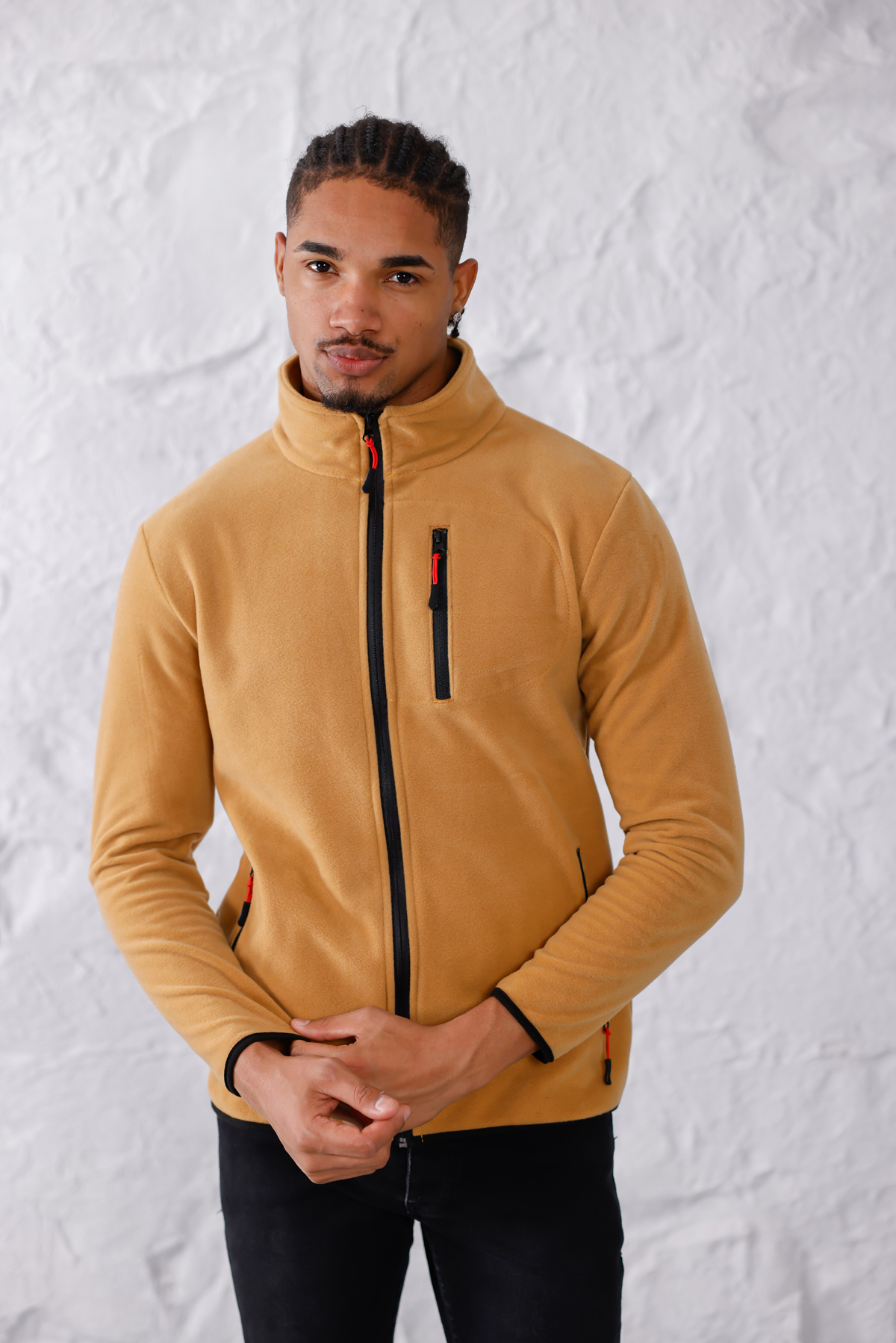 Monox Erkek Biyeli Fermuarlı Spor Polar Ceket (Camel)