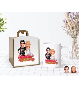 BK Gift Kişiye Özel Ahşap Kutuda Evleniyoruz Karikatürlü Beyaz Kupa Bardak-10
