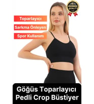 Göğüs Toparlayıcı Sarkma Önleyen Gündelik Spor Kullanım İnce İp Askılı Pedli Çizgili Crop Büstiyer (Siyah)