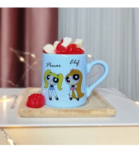 Power Puff Girls Tasarımlı Kişiye Özel Mavi Türk Kahvesi Fincan