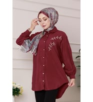 Önü İnci Taş İşlemeli Tunik-Bordo