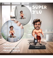 Caricature Gift Shop ® I Kişiye Özel Karikatür Figür I Ahşap Masa Biblo - Magnet - Anahtarlık I Sporcu Erkek I Fitness I Gym I Kaslı Erkek I Vücut Geliştirme I Erkek Figür