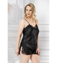 Giyim Büyük Beden Siyah Saten Babydoll Şort Takımı
