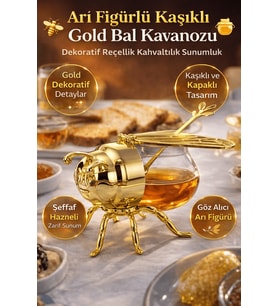 Arı Figürlü Kaşıklı Gold Bal Kavanozu Kapaklı Dekoratif Reçellik Kahvaltılık Sunumluk