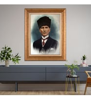 Altın Varaklı Çerçeveli Paspartulu Atatürk Tablo TR0984 (Gold)