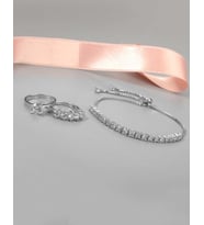 Tek Taş Beş Taş Yüzük Ve Gümüş Bileklik Kombin (Rodyum)