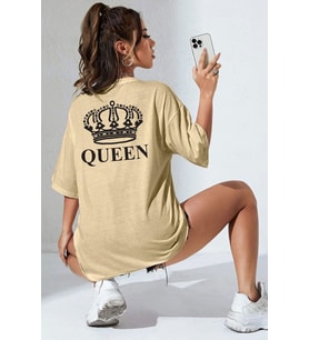 Unisex Quenn Baskılı T-shirt (Bej)