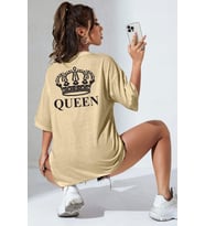 Unisex Quenn Baskılı T-shirt (Bej)