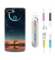 Oppo A5S A15 A16 A54 A55 A73 A74 Kılıf Kablo Koruma Spiral Silikon Ay ve Kız 1720
