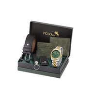 Polo Air Takvimli Erkek Kol Saati Cüzdan Kemer Kartlık Anahtarlık Çakmak Seti Gümüş Gold Yeşil Renk PL-7074E8 (Yeşil-Altın)