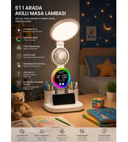 Monozone RGB Yuvarlak Başlı Masa Lambası Fanlı Saatli 3Renk Dokunmatik Şarjlı Kalemlik Telefon Standı