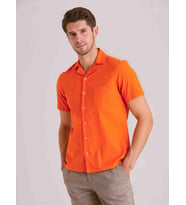 Turuncu Erkek Slim Fit Düz Küba Yaka Kısa Kol Gömlek - 58158
