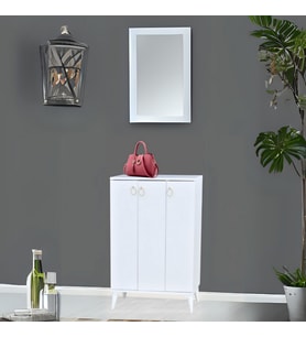Sinbo Ayakkabılık Beyaz 3 Kapaklı Raflı Yüksek Ayaklı Ayakkabı Dolabı 90x34x105 Cm