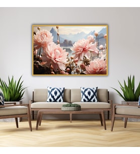 Metal Çerçeveli Yatay Cam Tablo Pastel Soft Pembe Hint Lotusu (Gold)