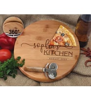 BK Gift Kişiye Özel İsimli Bambu Ahşap Döner Tablalı Pizza Tahtası-6, Pizza Kesme Tahtası Seti, Şarküteri Tahtası, Servis Tepsisi, Ahşap Tabak, Eve Taşınma Hediyesi
