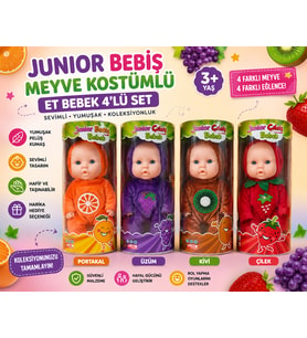 Junior Bebiş Meyve Kostümlü Et Bebek 4'lü Set Sevimli Meyve Temalı Mini Oyuncak Bebekler