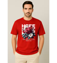Erkek - Kadın %100 Pamuk Hope Gül Desenli Baskılı Yarım Kollu Bisiklet Yaka T-Shirt (Kırmızı)