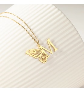 Kişiye Özel 925 Ayar Gümüş Tasarım Kelebek Detaylı Harf Kolye (Gold)