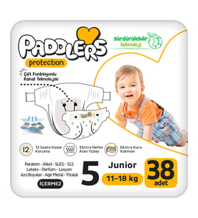 Paddlers Protection Bebek Bezi 5 Numara Junior (11-18 Kg) 38 Adet – Jumbo Paket, Maksimum Koruma