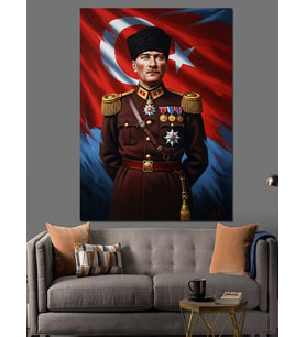 Atatürk Üniformalı Ve Bayraklı Portre Dekoratif Kanvas - Mdf Ahşap Tablo