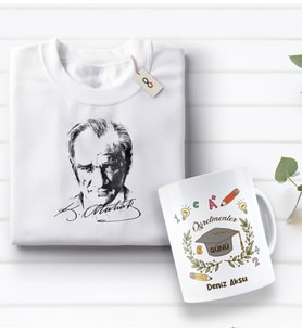BK Gift Kişiye Özel Öğretmenler Günü Tasarımlı Kupa Bardak ve Atatürk Baskılı Tişört Hediye Seti- 2-17, Öğretmene Hediye, Öğretmenler Günü, 100. Yıl Hediyesi