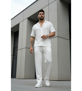Unisex Trend Bürümcük Krinkıl Kumaş Yazlık Likralı Kısa Kol Gömlek ve Eşofman Takım