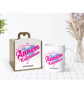 BK Gift Kişiye Özel Ahşap Kutuda Anneler Günü Temalı Benim Annem Bir Kahraman Tasarımlı Beyaz Kupa Bardak-1