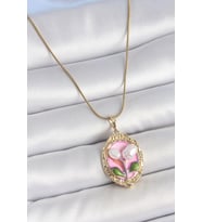 316L Çelik Gold Renk Zincir Pembe Mineli İncili Çiçek İşlemeli Portre Model Ka - HPSBYI9265-6