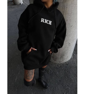Uzun Kol Kapşonlu Göğüs Baskılı SweatShirt - Siyah