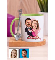 Romantik Sevgililer Günü Hediyesi Karikatürlü Ahşap Altlıklı Yeşil Kupa Bardak