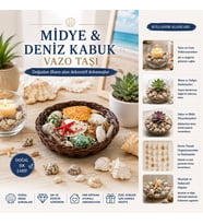 YUVARLAK AHŞAP SEPET RENKLİ MİX MİDYE - DENİZ KABUK VAZO TAŞI