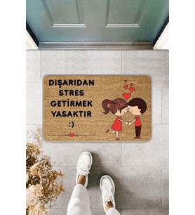 Bej Stres Getirmek Yasak Mutlu Çift Kapı Önü Paspası KP02