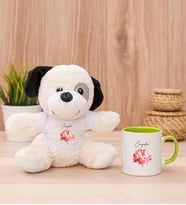 Kişiye Özel Pembe Çiçekli İsme Özel Peluş Köpek ve Yeşil Kupa