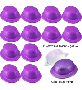 Mor Renk Simli Melon Yuvarlak Parti Şapkası 12 Adet