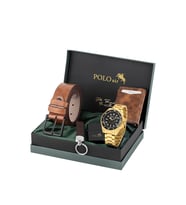 Polo Air Mercek Takvimli Erkek Kol Saati Cüzdan Kemer Çakmak Anahtarlık Seti Gold Siyah Renk PL-7078E7 (Altın-Siyah)