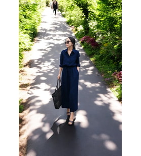 Beli Bağcıklı Gömlek Yaka Rahat Keten Elbise (Lacivert)